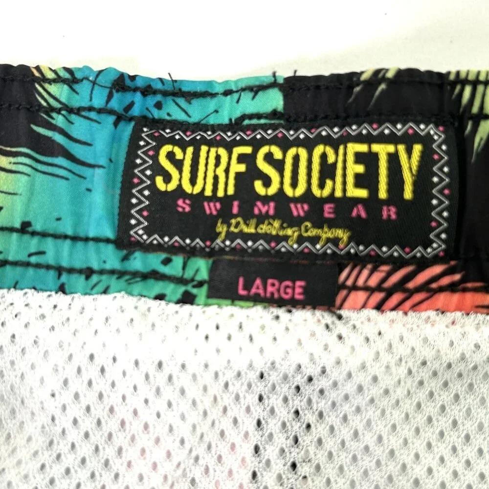 Surf Society Swim Trunks Shorts Mens Size L Black Neon Ombre Palm Floral Pockets